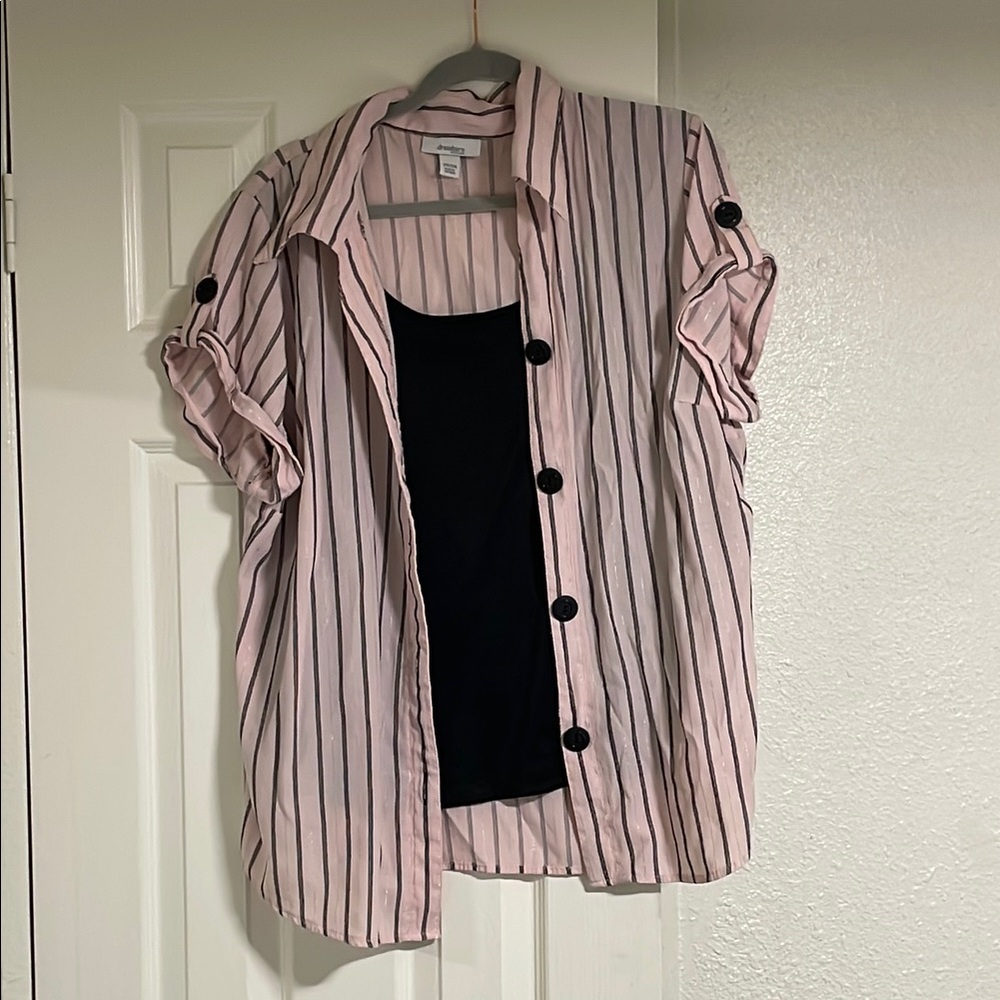 Dress Barn Pink and Black Relaxed Button Down Blouse